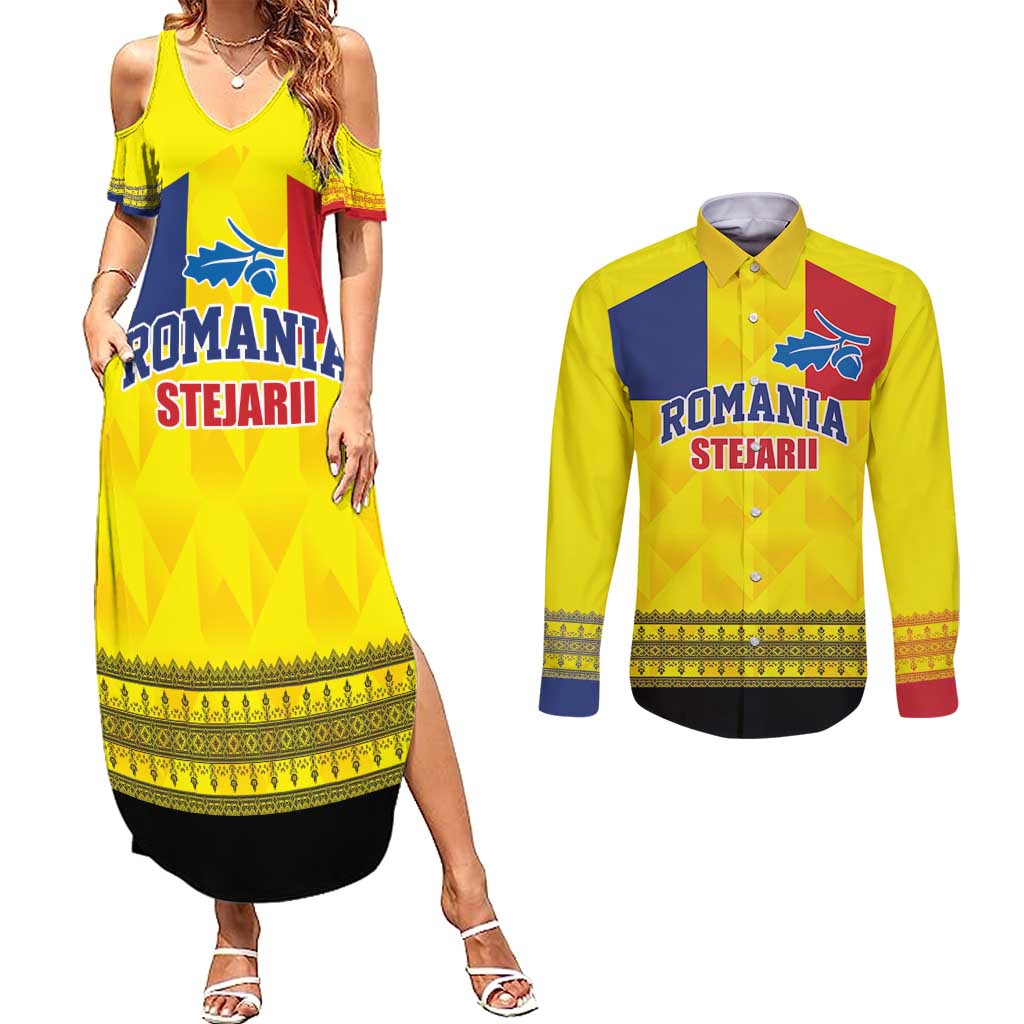 Custom Romania Rugby Go Champions Couples Matching Summer Maxi Dress and Long Sleeve Button Shirt Romanian Traditional Patern