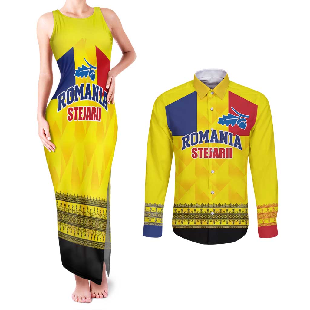 Custom Romania Rugby Go Champions Couples Matching Tank Maxi Dress and Long Sleeve Button Shirt Romanian Traditional Patern