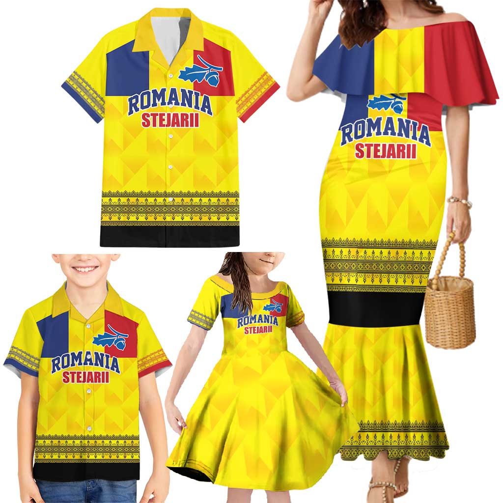 Custom Romania Rugby Go Champions Family Matching Mermaid Dress and Hawaiian Shirt Romanian Traditional Patern