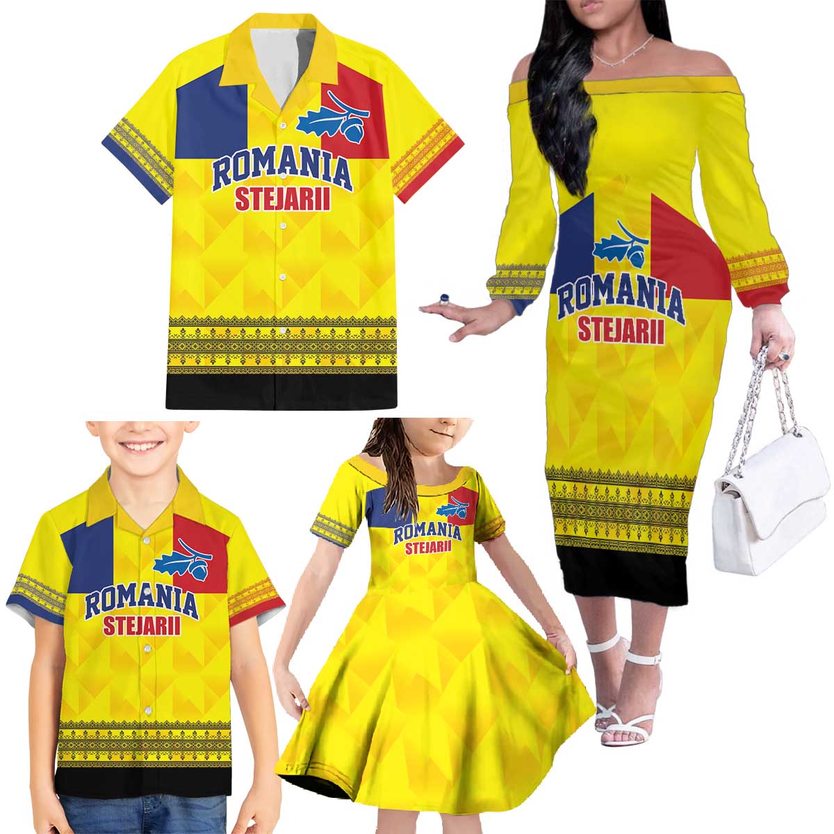 Custom Romania Rugby Go Champions Family Matching Off The Shoulder Long Sleeve Dress and Hawaiian Shirt Romanian Traditional Patern