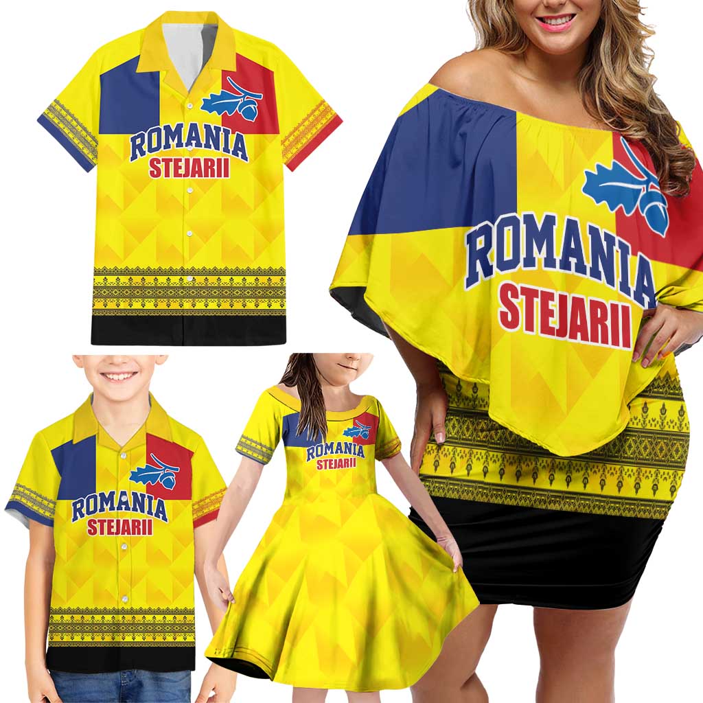 Custom Romania Rugby Go Champions Family Matching Off Shoulder Short Dress and Hawaiian Shirt Romanian Traditional Patern