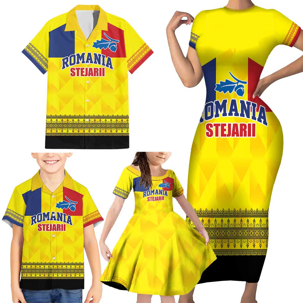 Custom Romania Rugby Go Champions Family Matching Short Sleeve Bodycon Dress and Hawaiian Shirt Romanian Traditional Patern