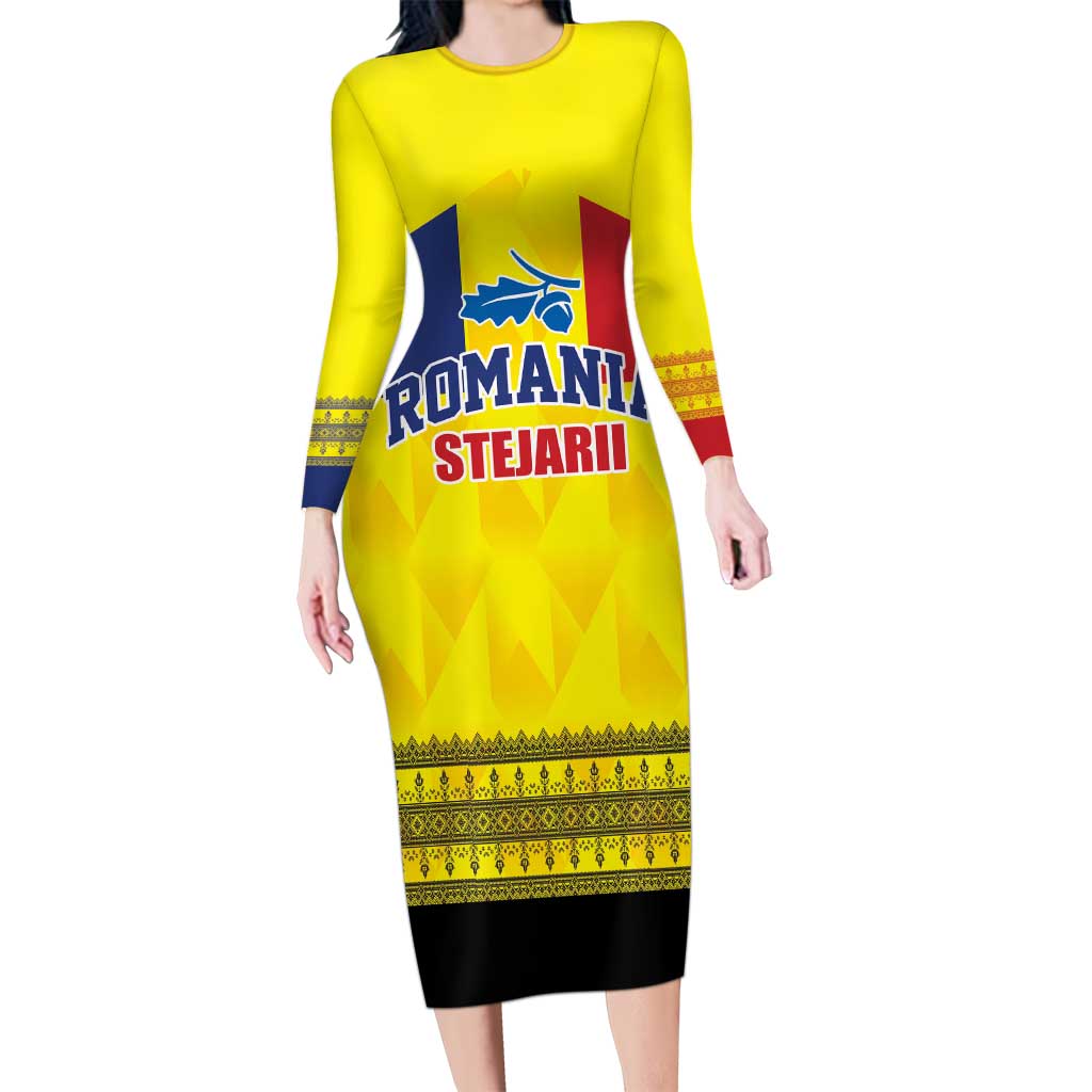 Custom Romania Rugby Go Champions Long Sleeve Bodycon Dress Romanian Traditional Patern