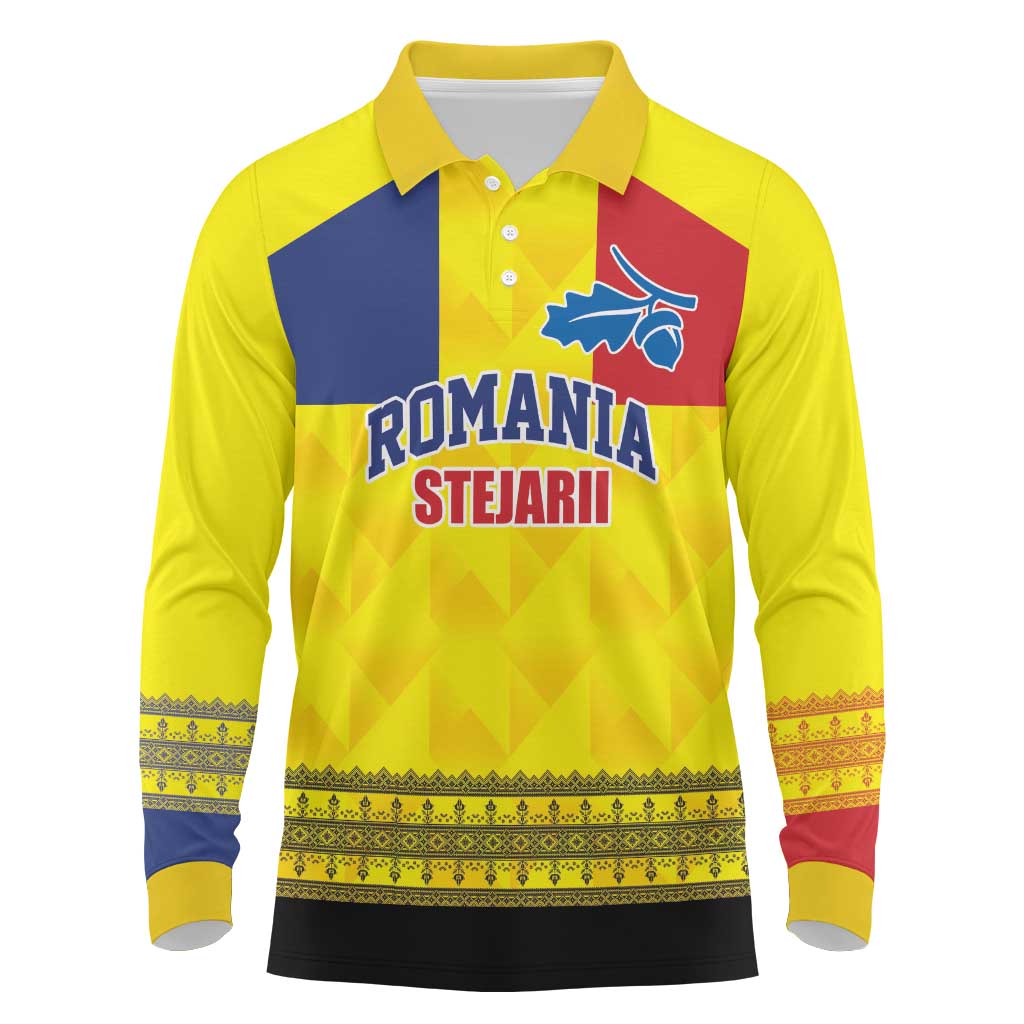 Custom Romania Rugby Go Champions Long Sleeve Polo Shirt Romanian Traditional Patern