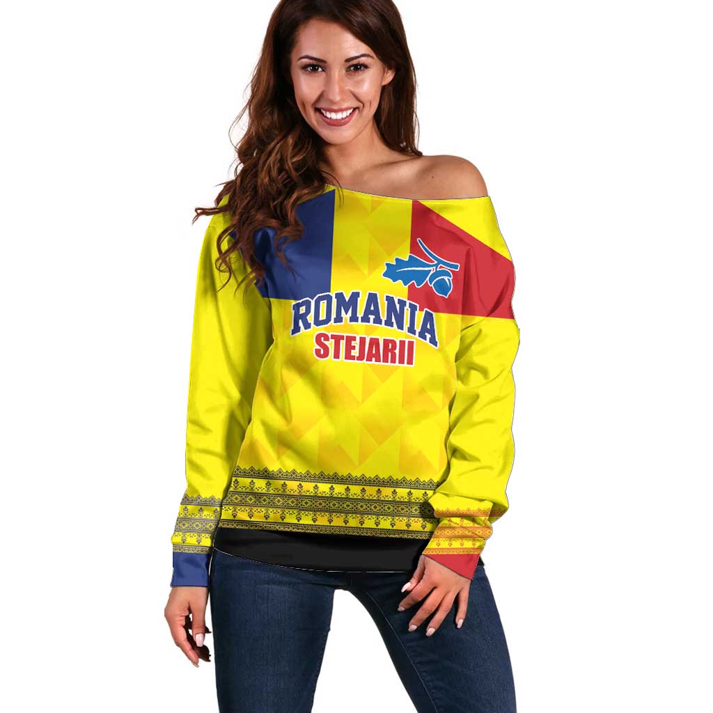 Custom Romania Rugby Go Champions Off Shoulder Sweater Romanian Traditional Patern