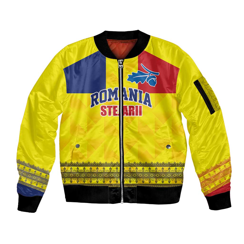 Custom Romania Rugby Go Champions Sleeve Zip Bomber Jacket Romanian Traditional Patern