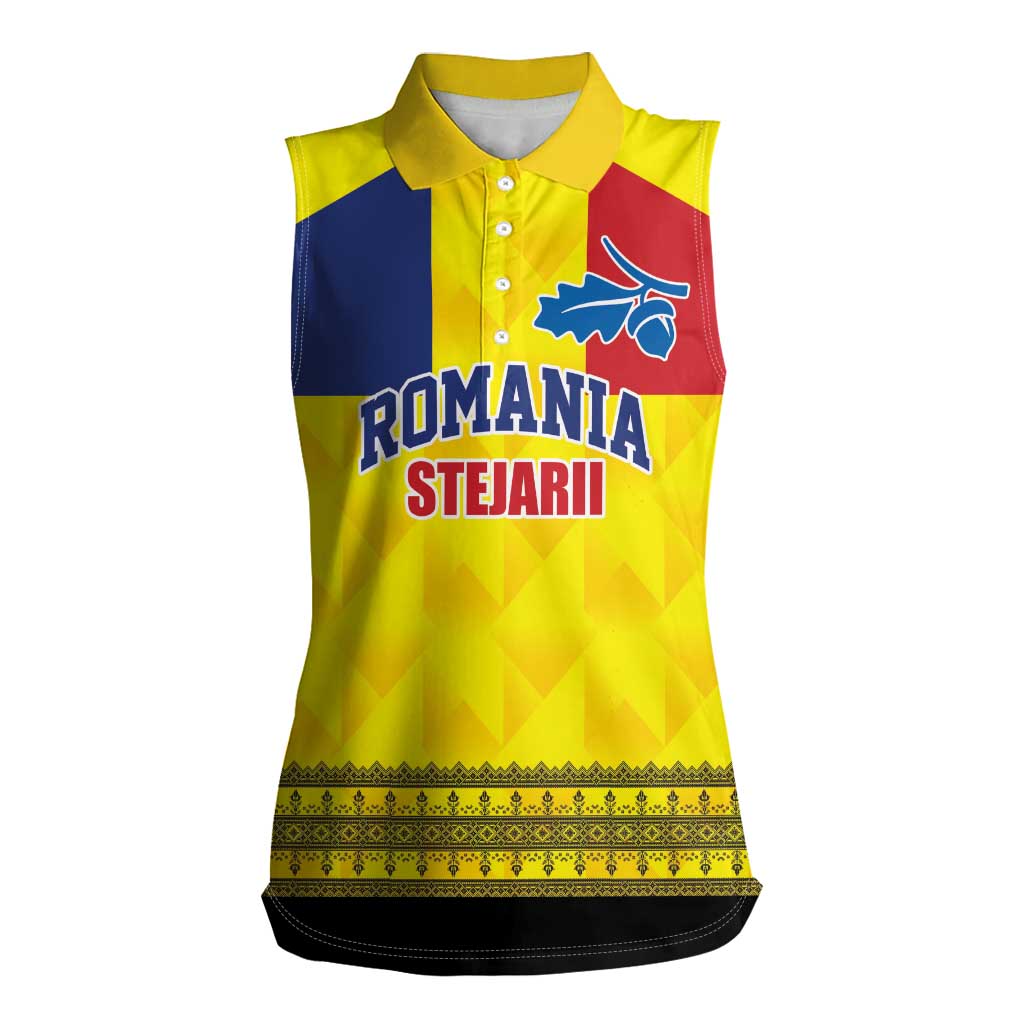 Custom Romania Rugby Go Champions Women Sleeveless Polo Shirt Romanian Traditional Patern