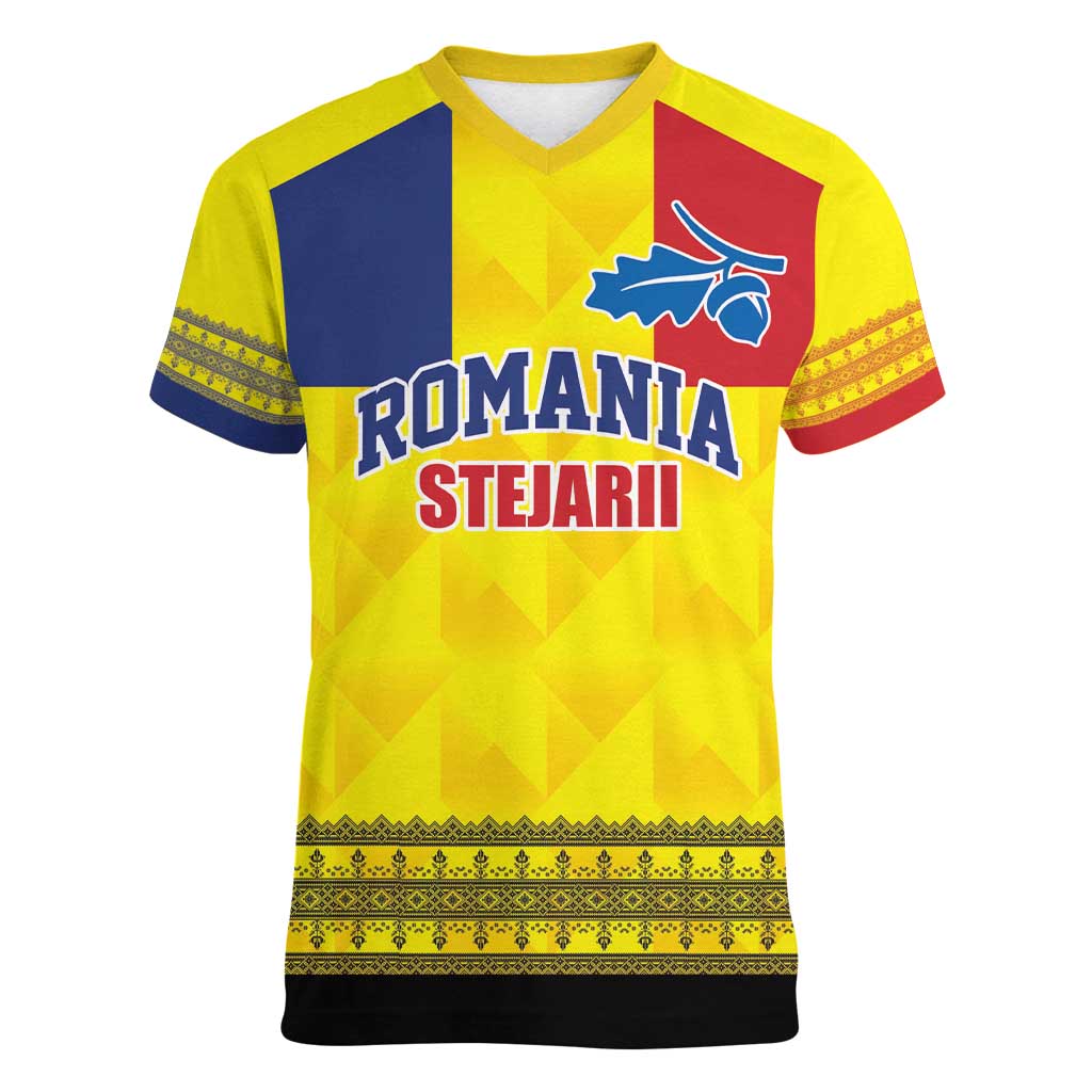 Custom Romania Rugby Go Champions Women V-Neck T-Shirt Romanian Traditional Patern