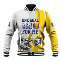 Two-tone varsity baseball jacket with eagle mascot front graphic, yellow and white