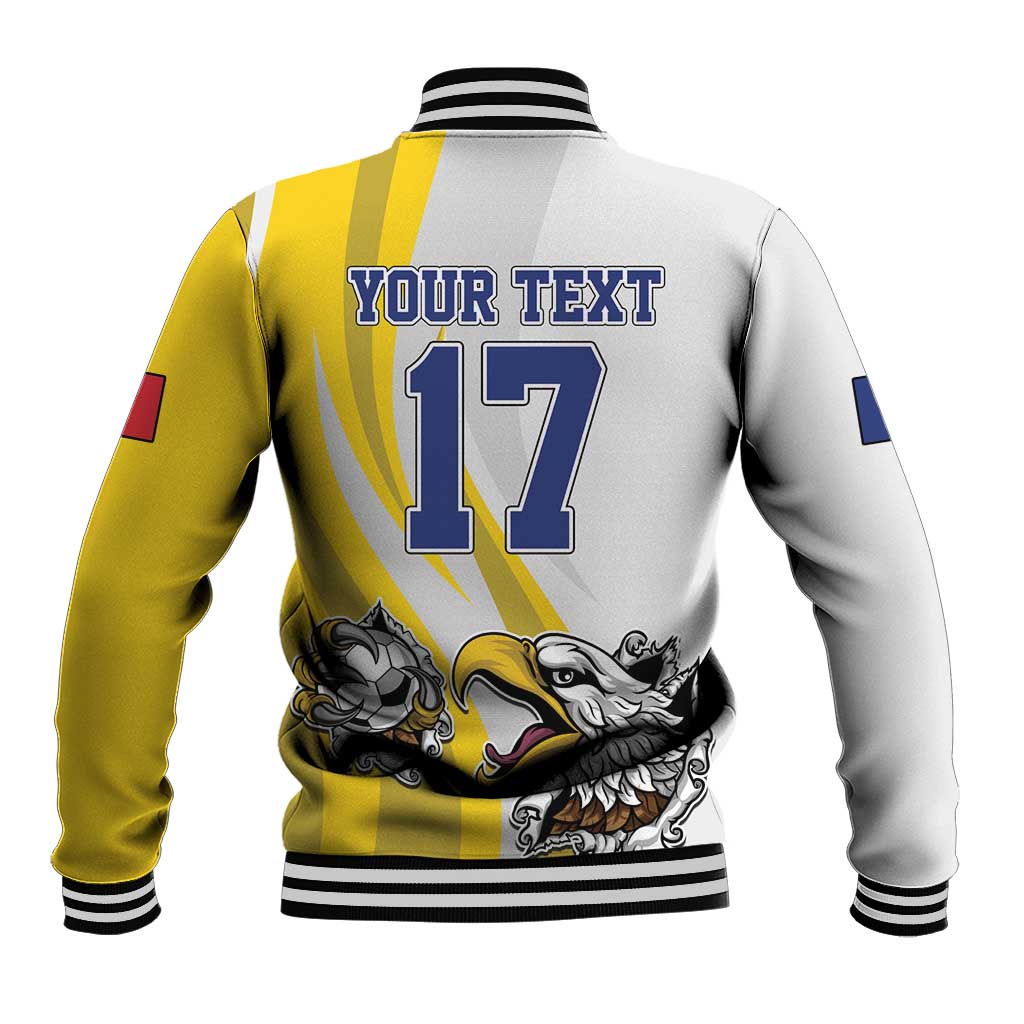 Back view varsity baseball jacket with eagle mascot, yellow/white and number 17