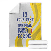 Stacked football blanket set, white with yellow stripes and “ONE GOAL IS NOT ENOUGH” text