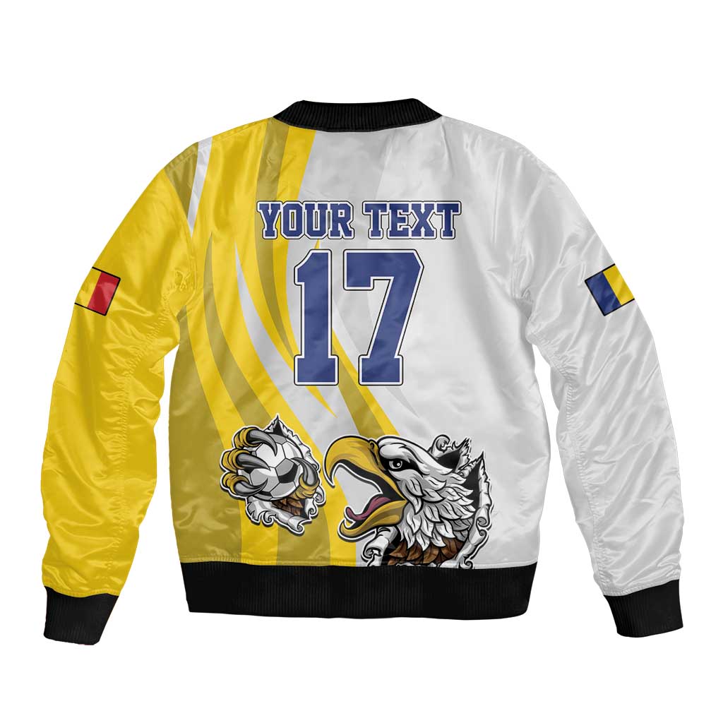 White and yellow bomber jacket back print with eagle mascots and number 17