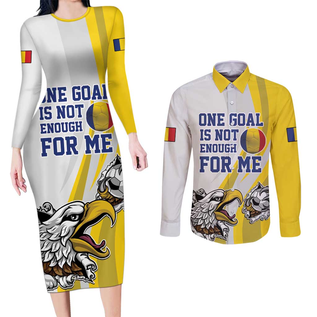 Custom Romania Football With Eagle Mascot Couples Matching Long Sleeve Bodycon Dress and Long Sleeve Button Shirt Sporty Style