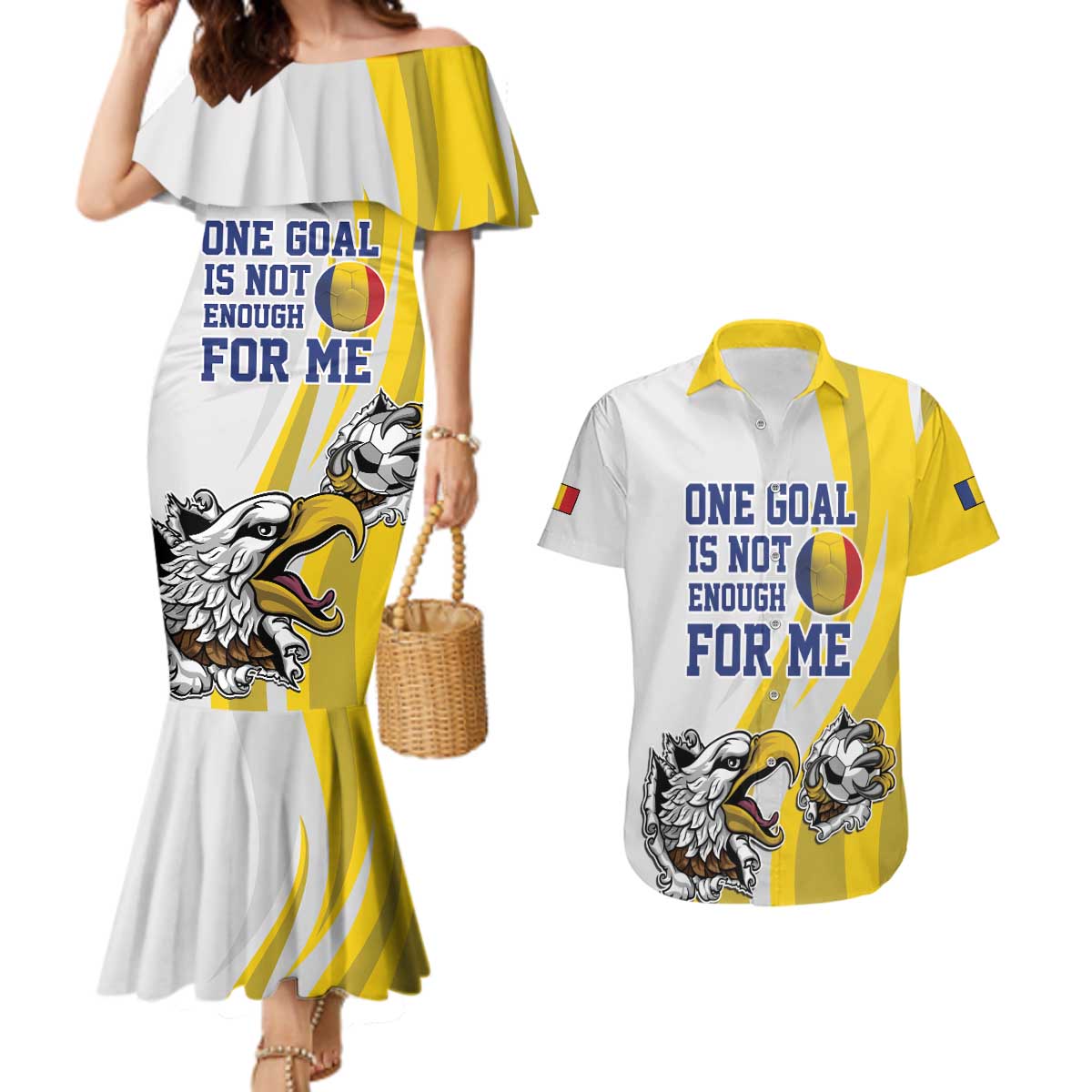 Custom Romania Football With Eagle Mascot Couples Matching Mermaid Dress and Hawaiian Shirt Sporty Style