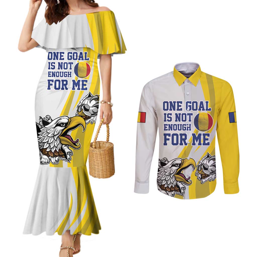 Custom Romania Football With Eagle Mascot Couples Matching Mermaid Dress and Long Sleeve Button Shirt Sporty Style