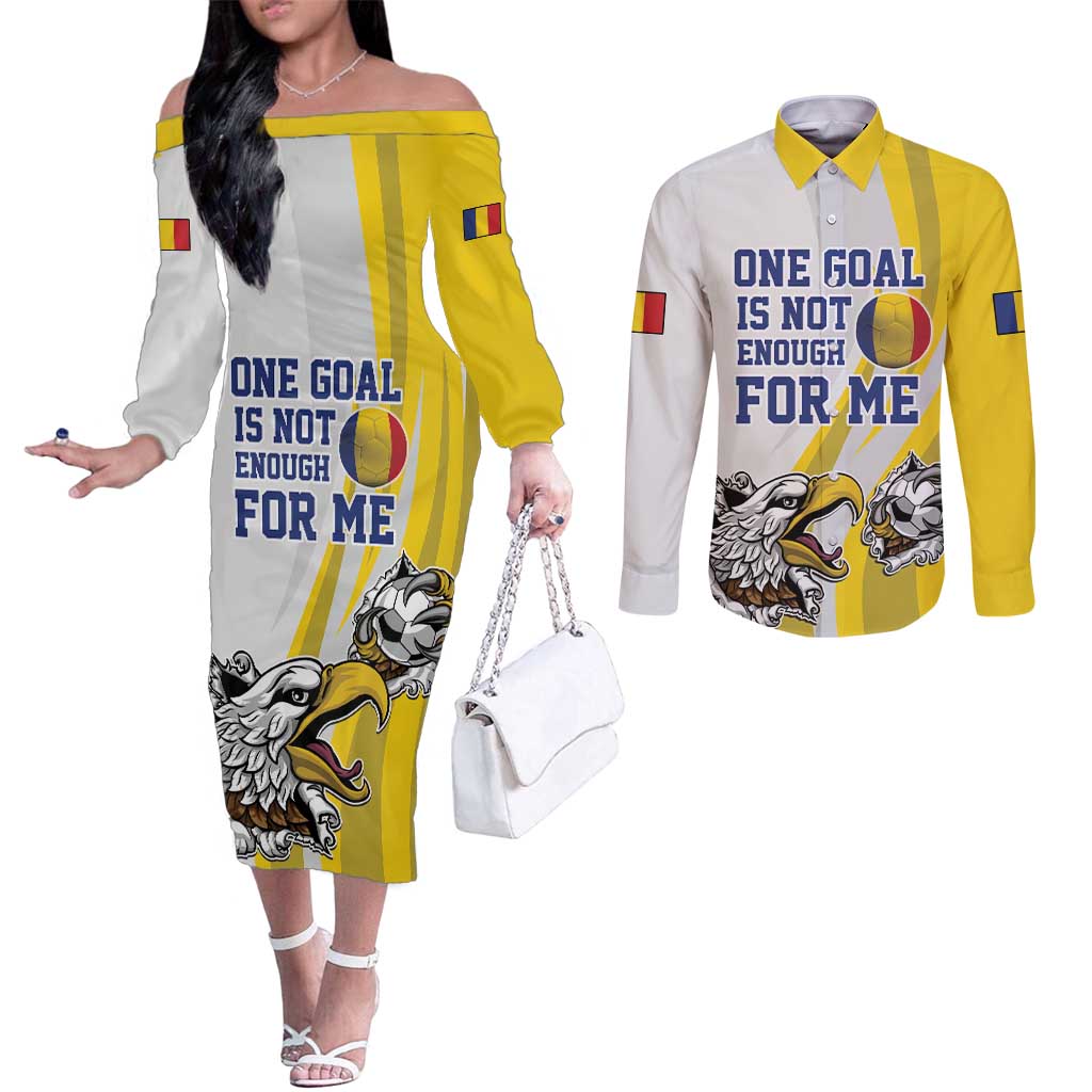 Custom Romania Football With Eagle Mascot Couples Matching Off The Shoulder Long Sleeve Dress and Long Sleeve Button Shirt Sporty Style