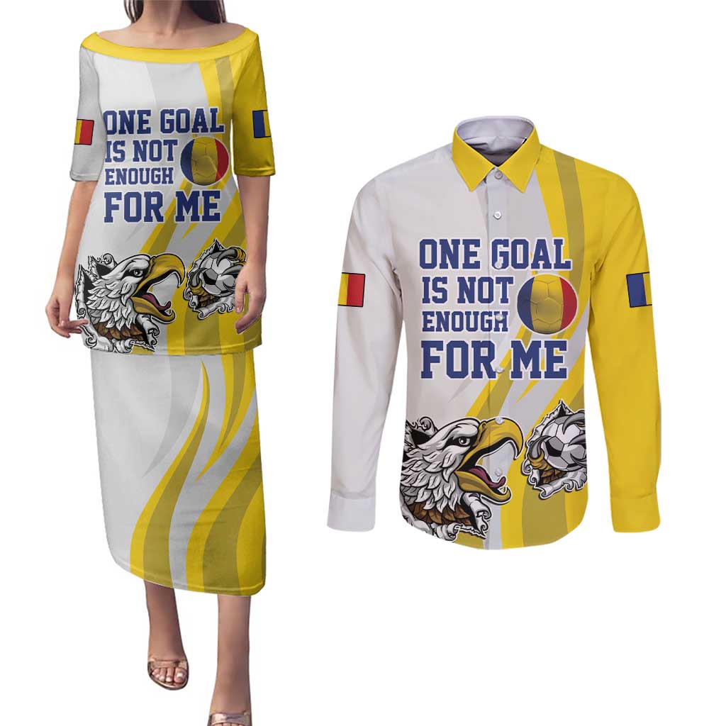 Custom Romania Football With Eagle Mascot Couples Matching Puletasi and Long Sleeve Button Shirt Sporty Style