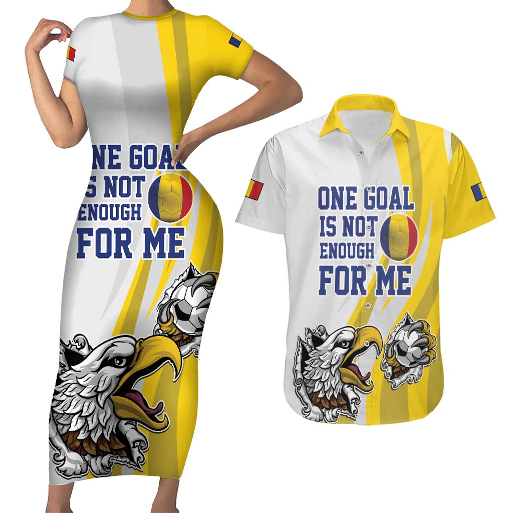 Custom Romania Football With Eagle Mascot Couples Matching Short Sleeve Bodycon Dress and Hawaiian Shirt Sporty Style