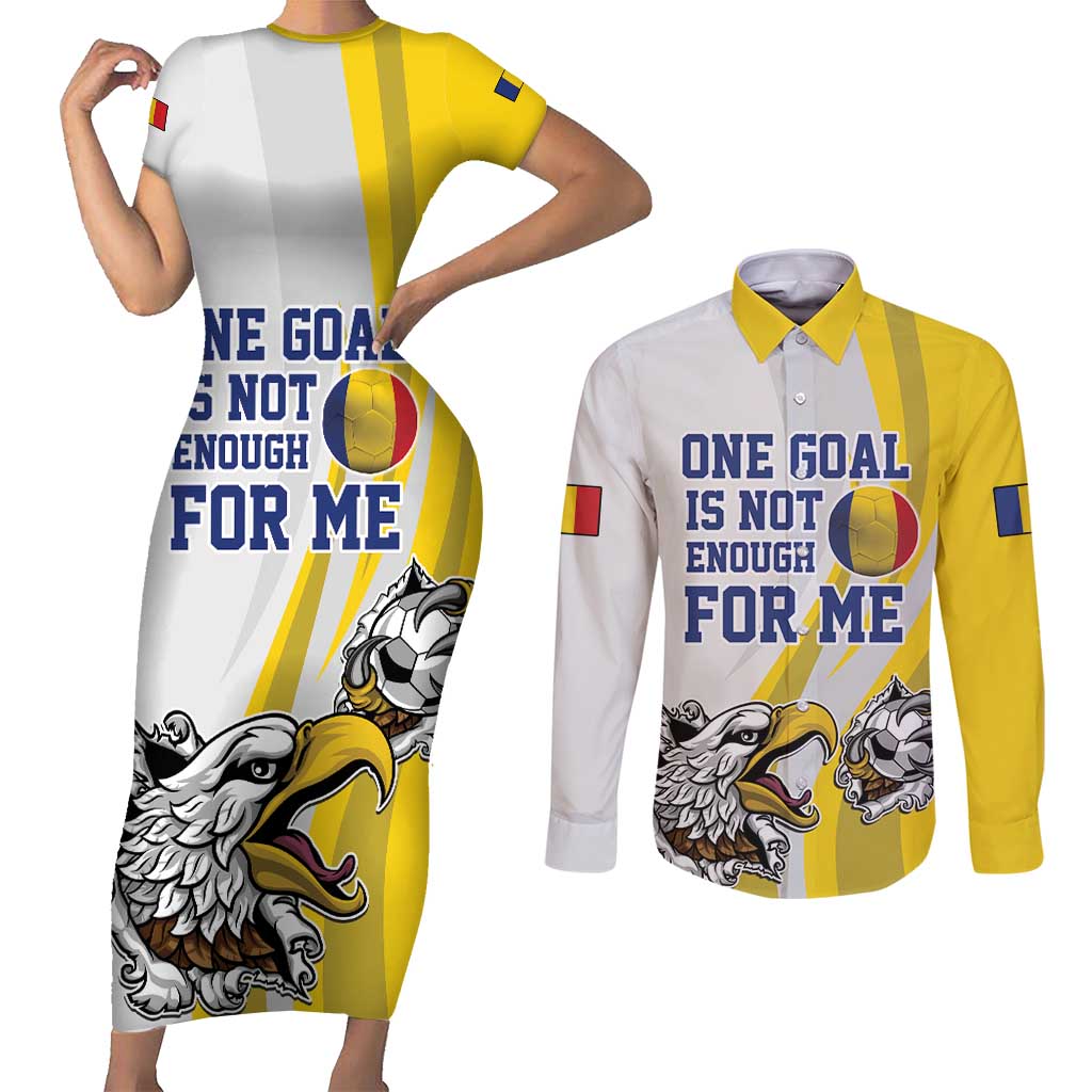 Custom Romania Football With Eagle Mascot Couples Matching Short Sleeve Bodycon Dress and Long Sleeve Button Shirt Sporty Style