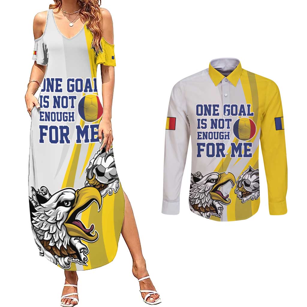 Custom Romania Football With Eagle Mascot Couples Matching Summer Maxi Dress and Long Sleeve Button Shirt Sporty Style