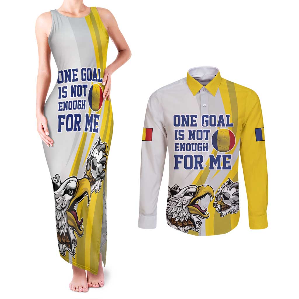 Custom Romania Football With Eagle Mascot Couples Matching Tank Maxi Dress and Long Sleeve Button Shirt Sporty Style