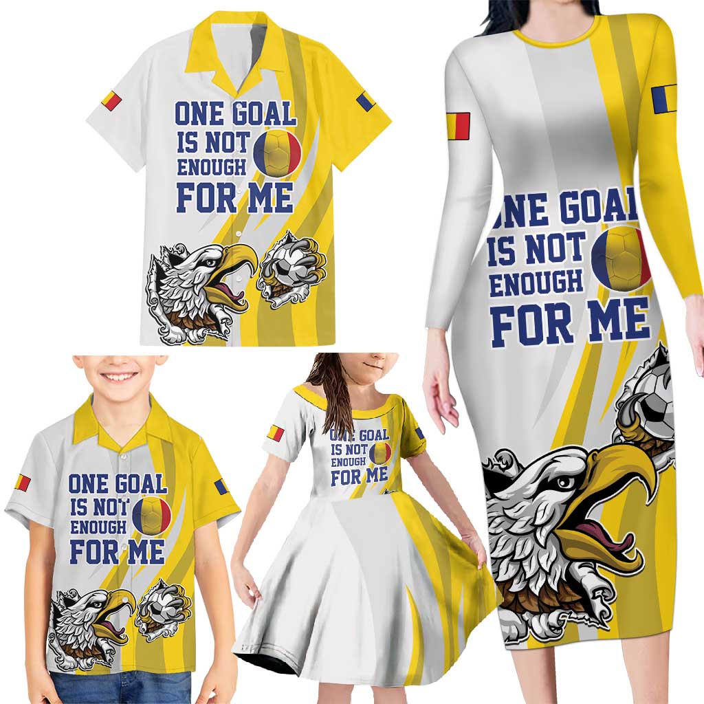 Custom Romania Football With Eagle Mascot Family Matching Long Sleeve Bodycon Dress and Hawaiian Shirt Sporty Style