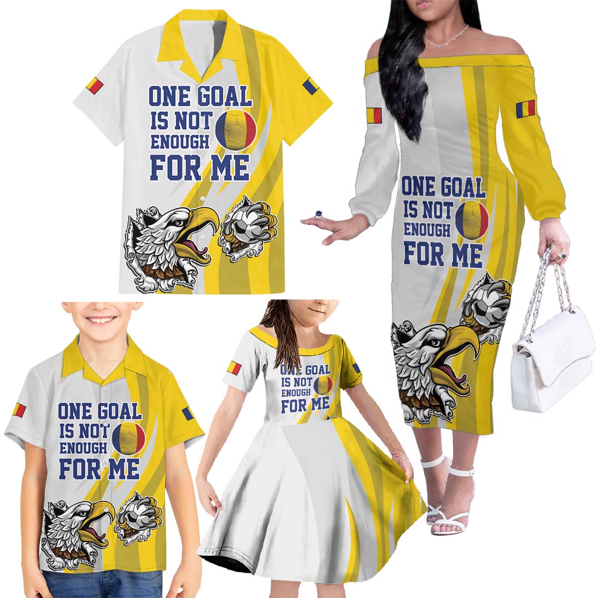 Custom Romania Football With Eagle Mascot Family Matching Off The Shoulder Long Sleeve Dress and Hawaiian Shirt Sporty Style