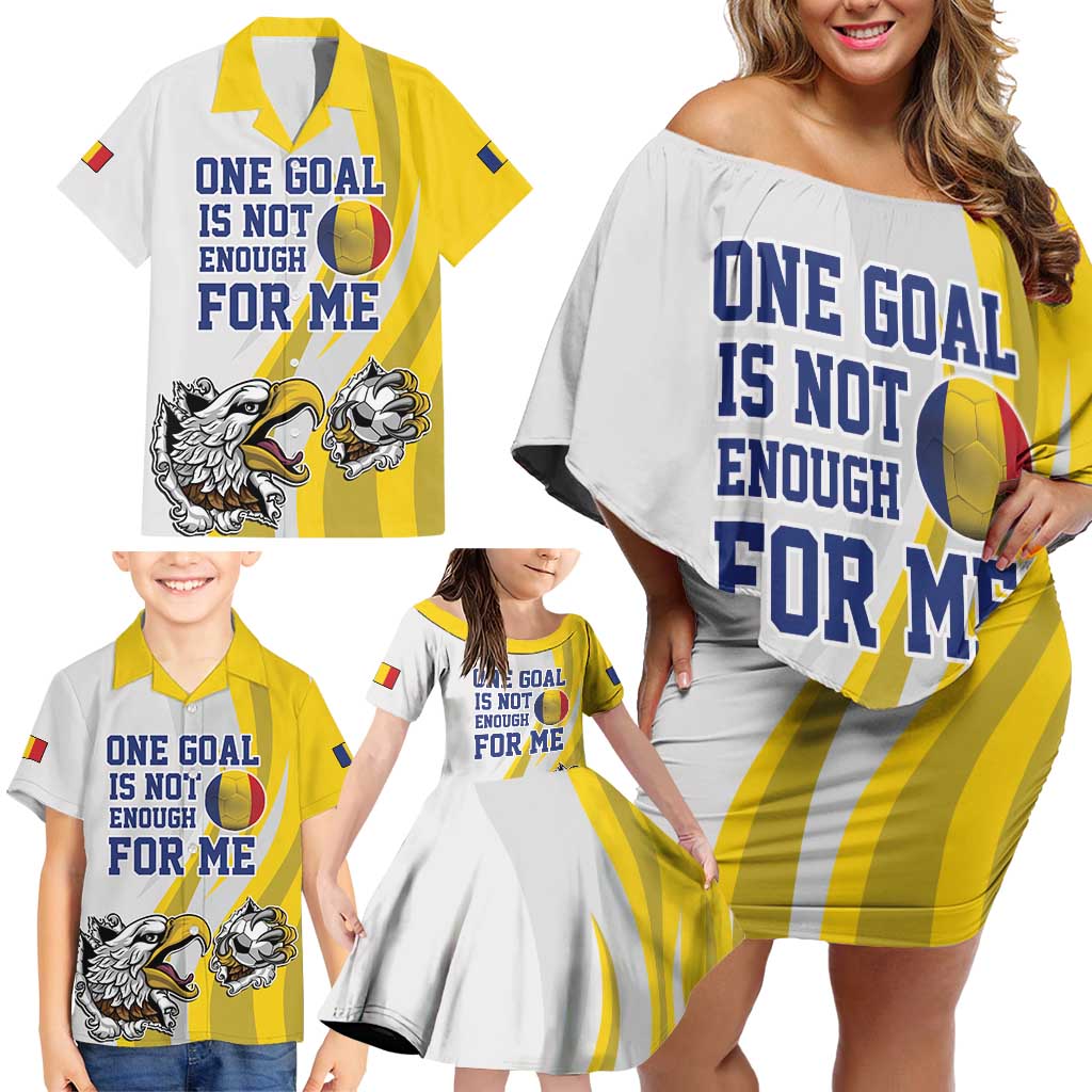 Custom Romania Football With Eagle Mascot Family Matching Off Shoulder Short Dress and Hawaiian Shirt Sporty Style