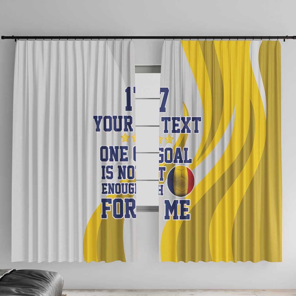 Soccer-themed window curtains: yellow and white panels with custom text and football graphic