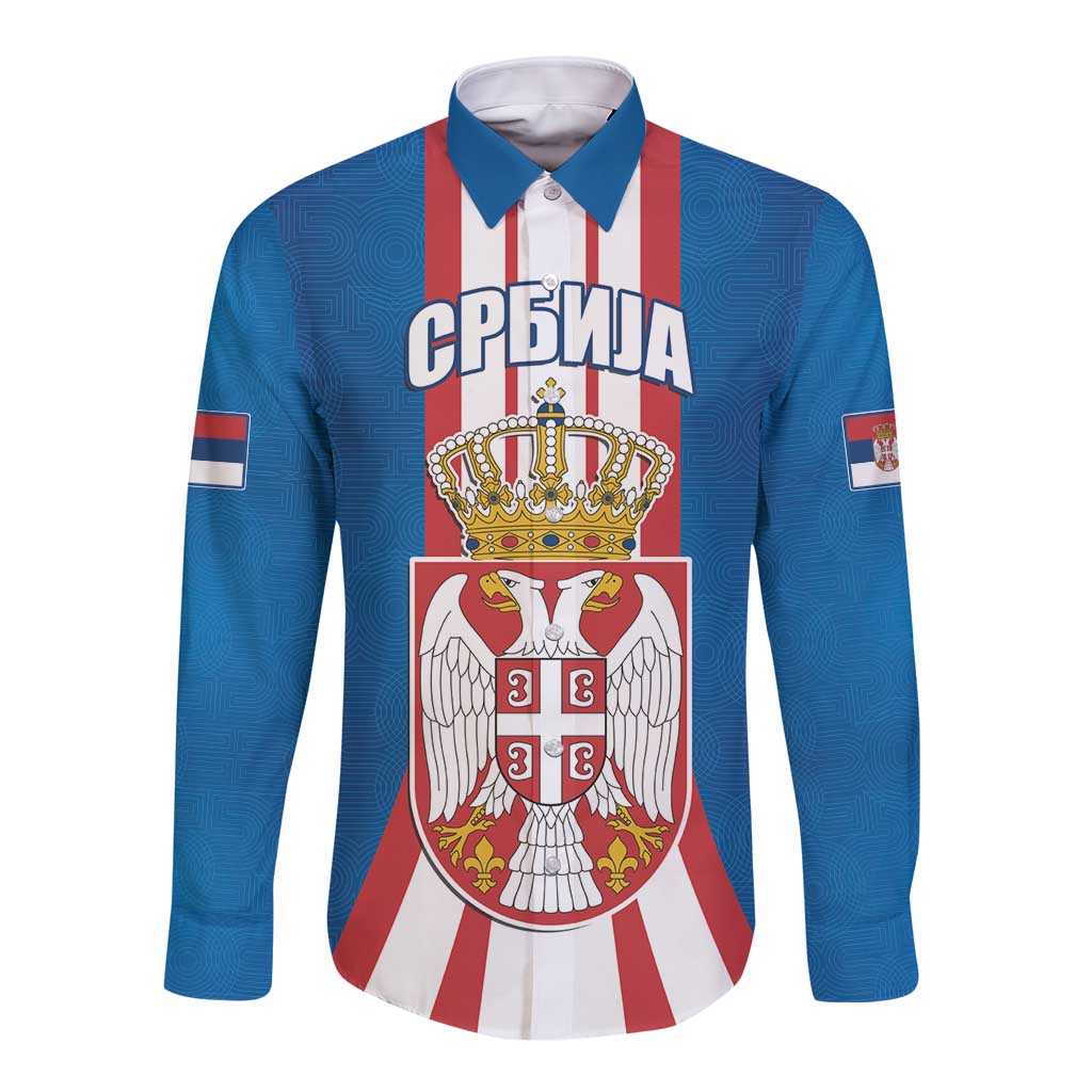 Blue long-sleeve button shirt with Serbian crest and 'SRBIJA' print