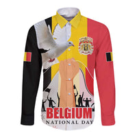 Long-sleeve button shirt with colorful Belgium flag print, dove and front graphic