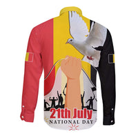 Long-sleeve button shirt, back view with colorful flag print, dove and '21th July' text