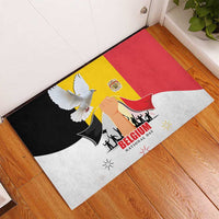 Belgium National Day rubber doormat with flag colors and dove graphic on floor