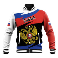 Unisex red baseball jacket with white sleeves, blue stripes, and Russia eagle crest front