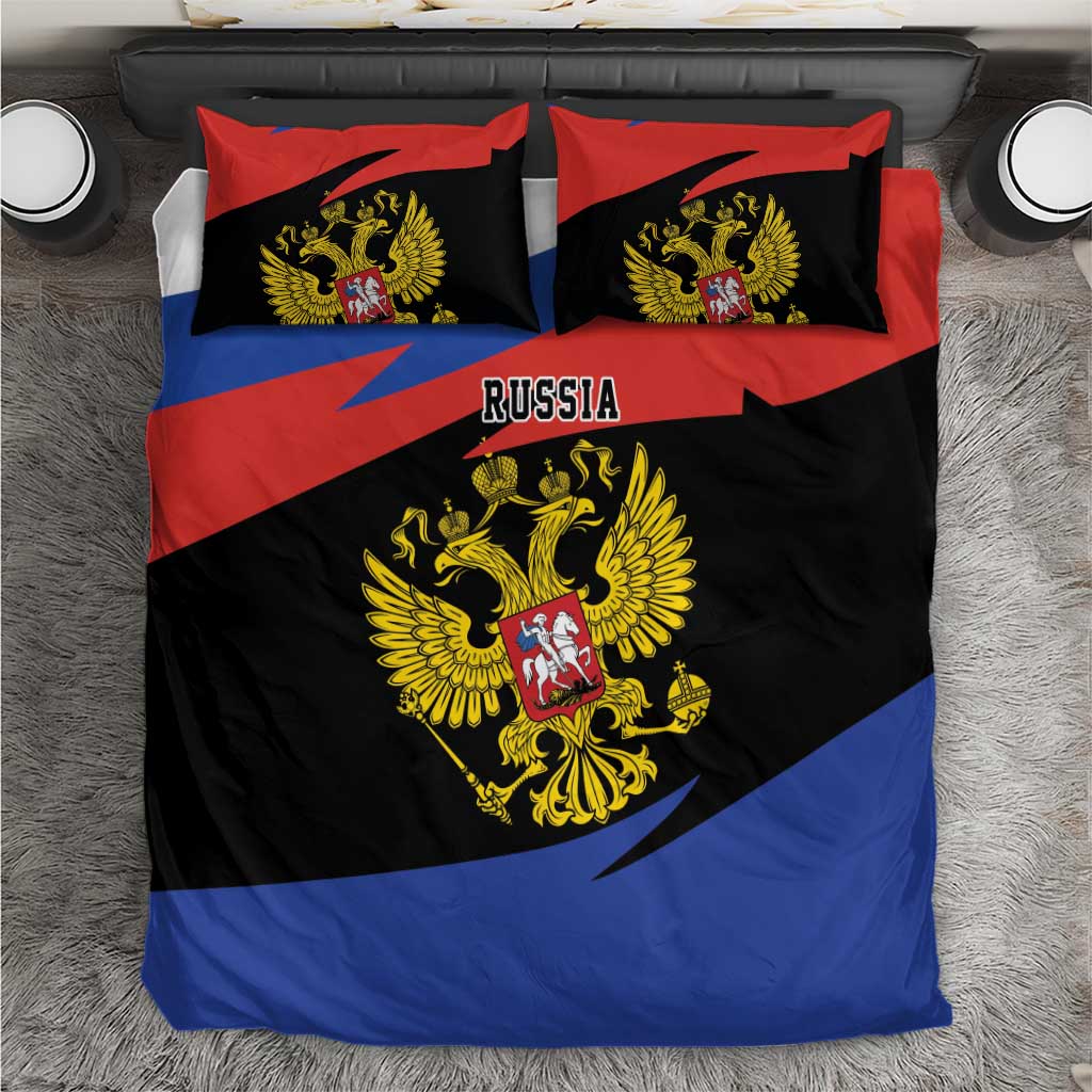 Russia bedding set with red, black, and blue flag design and gold double-headed eagle