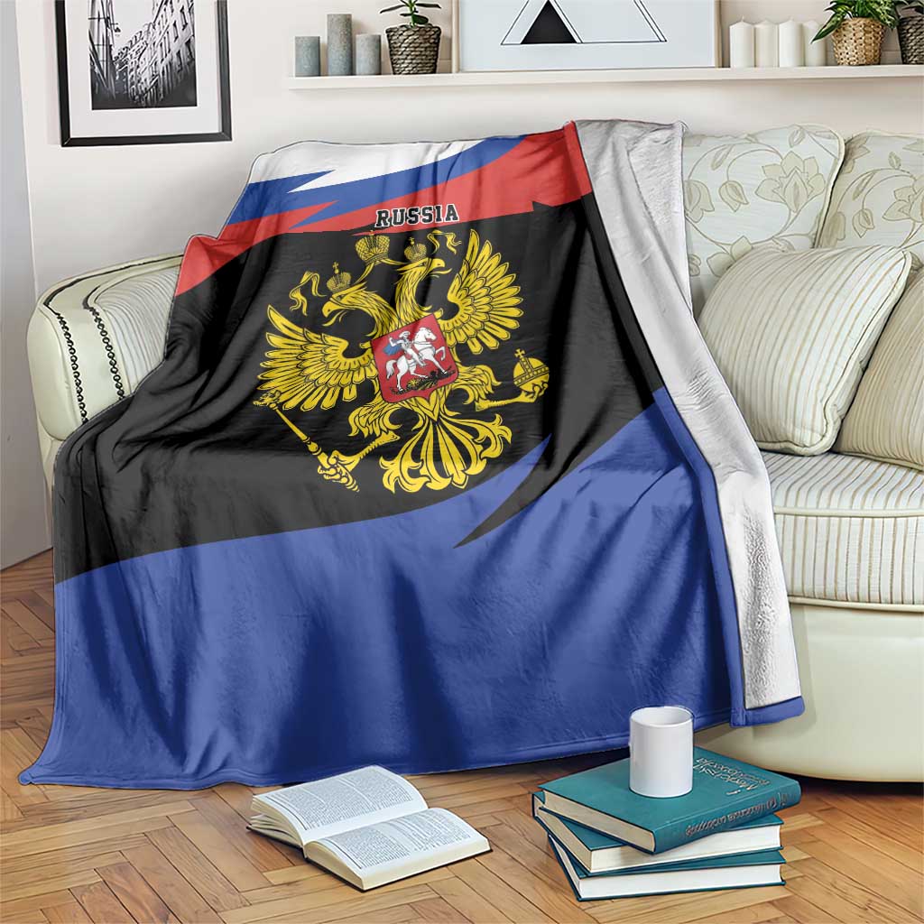 Russia eagle blanket with red, white, blue and black flag design, gold crest