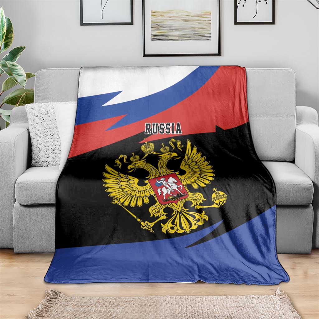 Russia flag blanket draped on sofa with gold eagle crest and RUSSIA text
