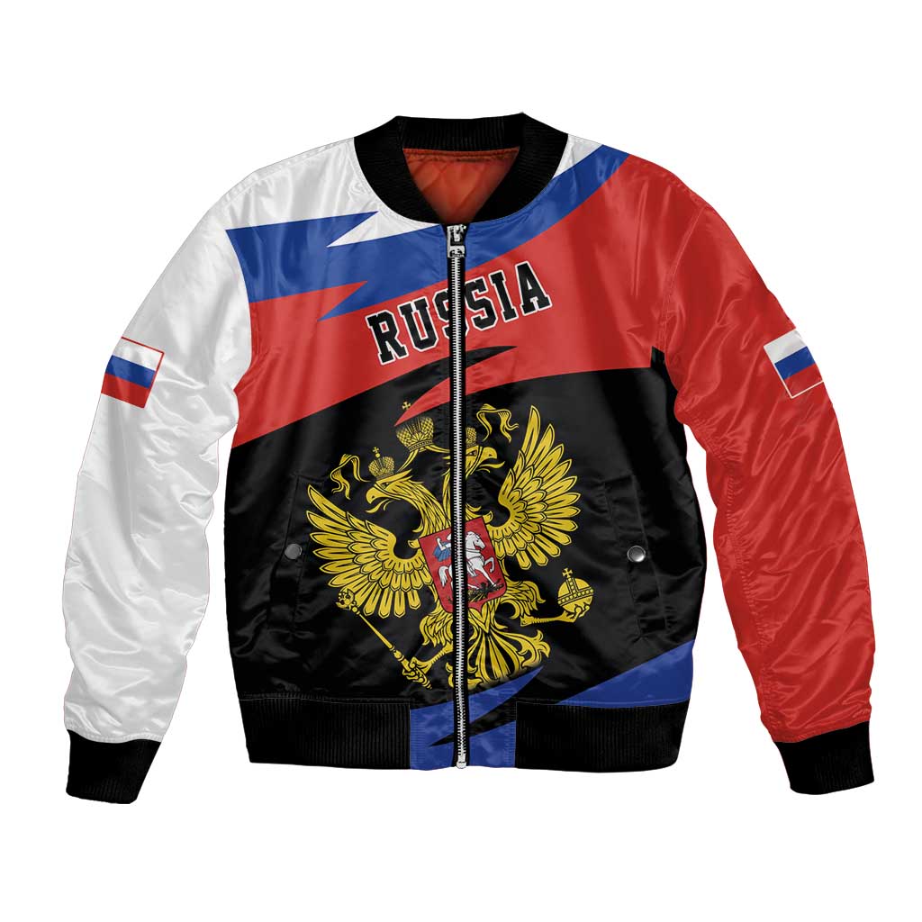 Bomber jacket with red, white, and black panels, blue accents, front zipper, eagle emblem