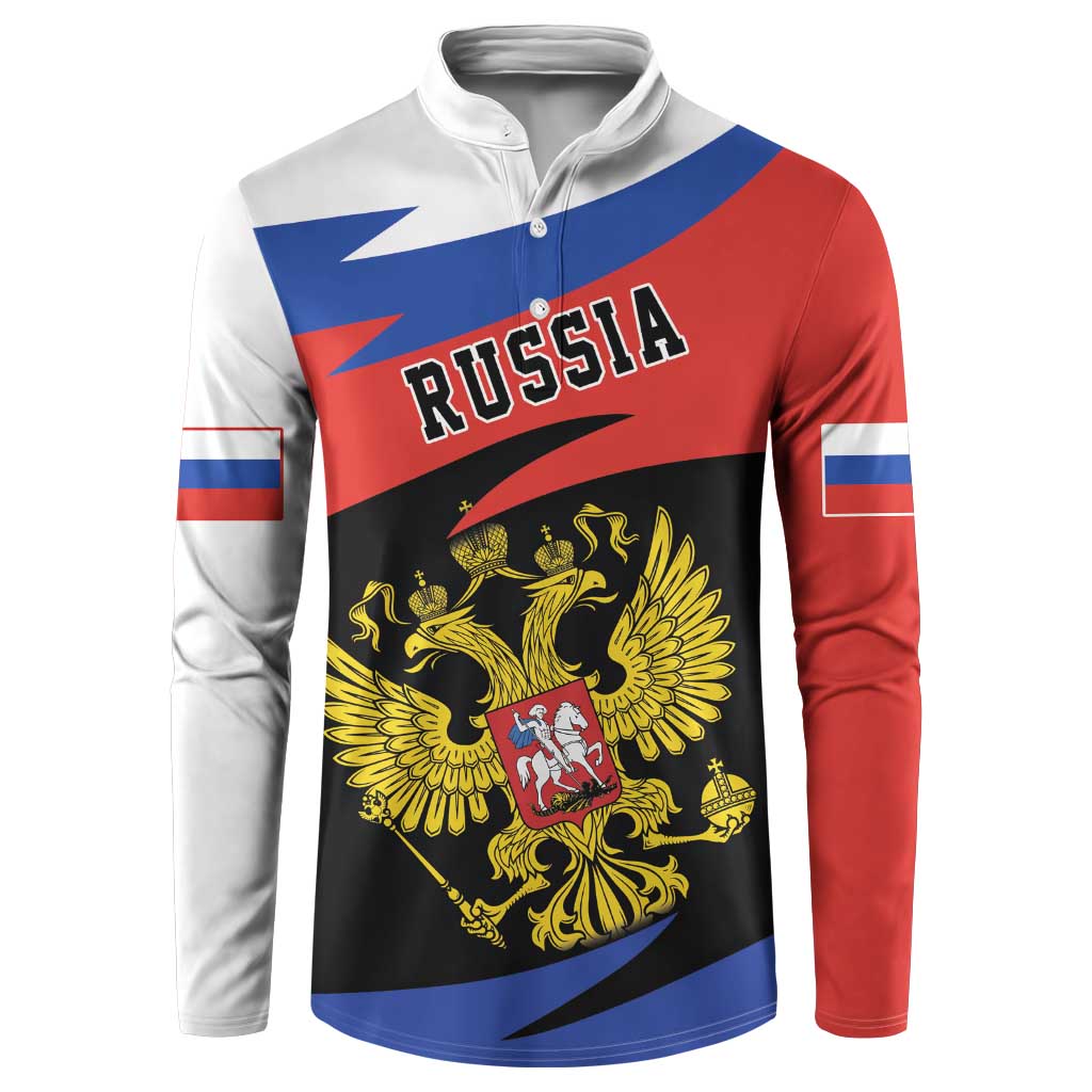 Russia-themed button sweatshirt with two-headed eagle graphic, red blue white panels