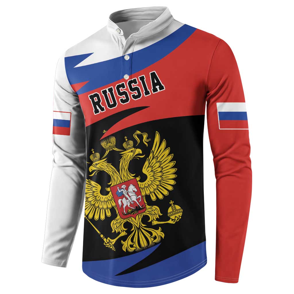 Russia-themed button sweatshirt with two-headed eagle emblem and flag stripes, red/blue