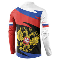 Russia-themed button sweatshirt with two-headed eagle back print and flag stripes