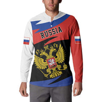 Button sweatshirt with Russia text and two-headed eagle graphic, red white and blue