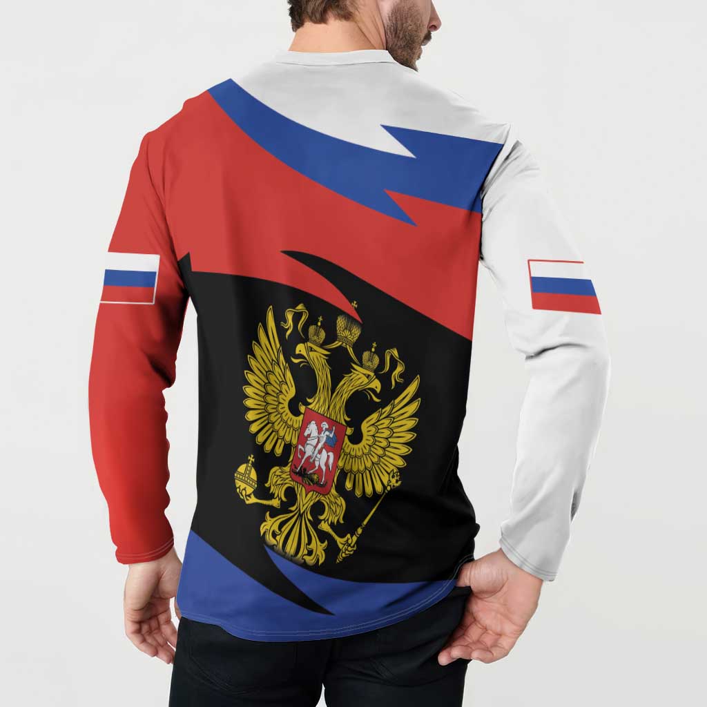 Button sweatshirt with two-headed eagle back print in Russia flag colors, red blue white