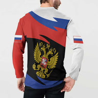 Button sweatshirt with two-headed eagle back print in Russia flag colors, red blue white