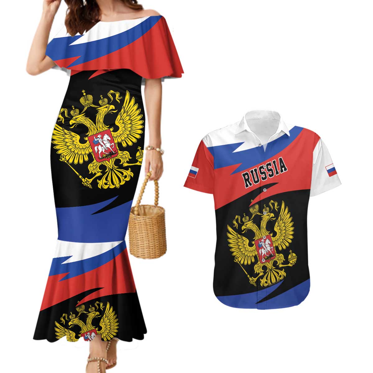 Russia Coat of Arms Couples Matching Mermaid Dress and Hawaiian Shirt Russian Eagle Two Heads Simple Style