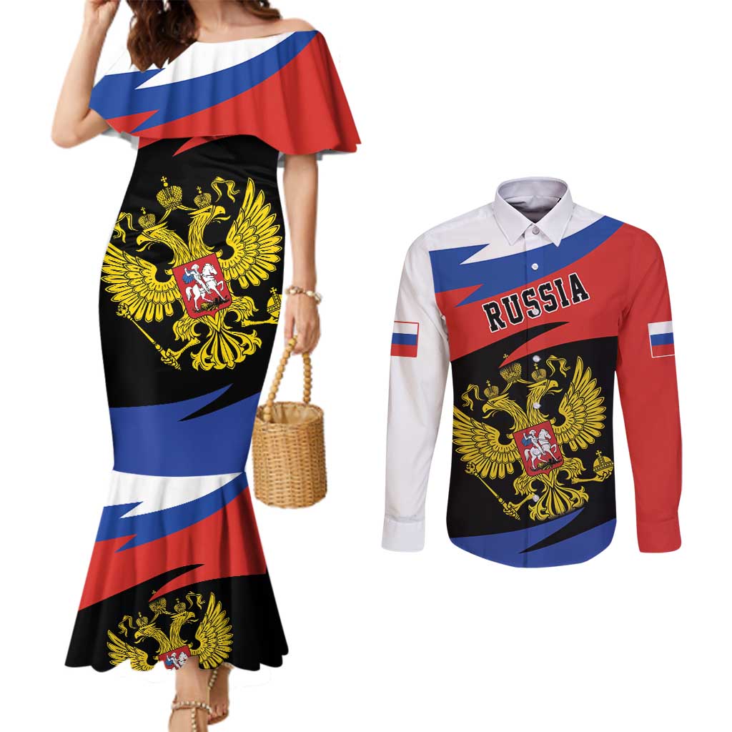 Russia Coat of Arms Couples Matching Mermaid Dress and Long Sleeve Button Shirt Russian Eagle Two Heads Simple Style