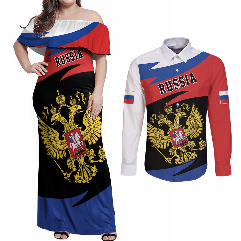 Russia Coat of Arms Couples Matching Off Shoulder Maxi Dress and Long Sleeve Button Shirt Russian Eagle Two Heads Simple Style