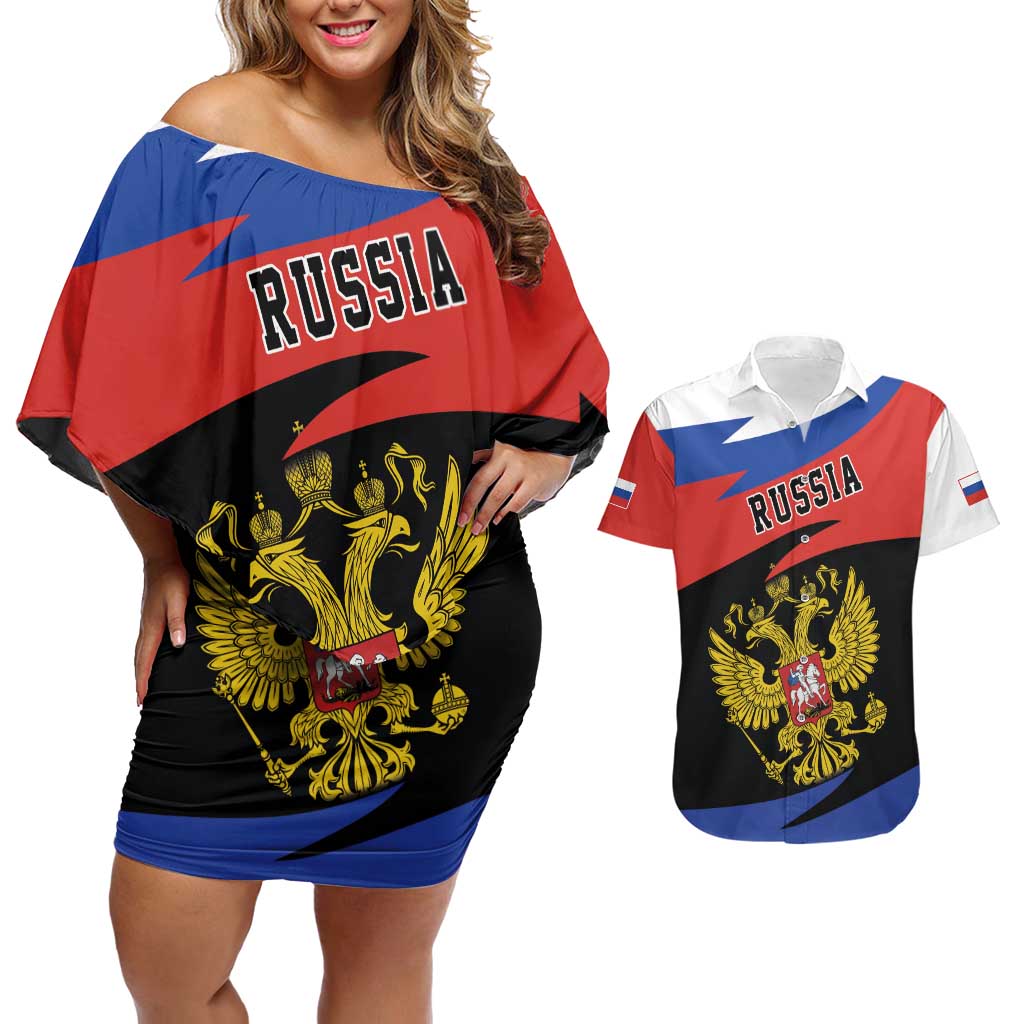 Russia Coat of Arms Couples Matching Off Shoulder Short Dress and Hawaiian Shirt Russian Eagle Two Heads Simple Style