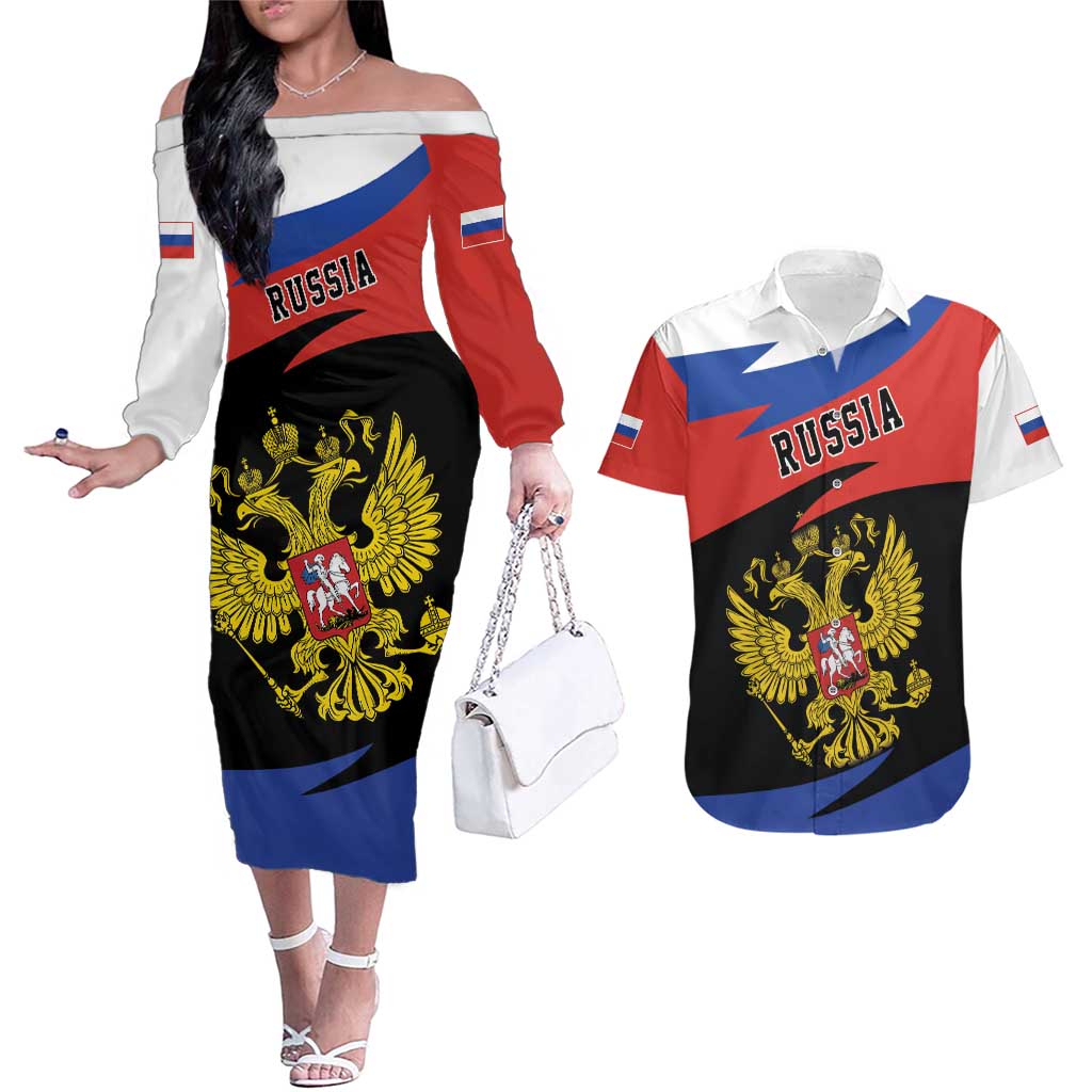 Russia Coat of Arms Couples Matching Off The Shoulder Long Sleeve Dress and Hawaiian Shirt Russian Eagle Two Heads Simple Style