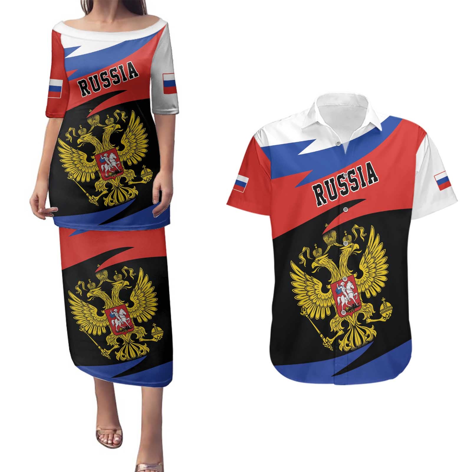 Russia Coat of Arms Couples Matching Puletasi and Hawaiian Shirt Russian Eagle Two Heads Simple Style